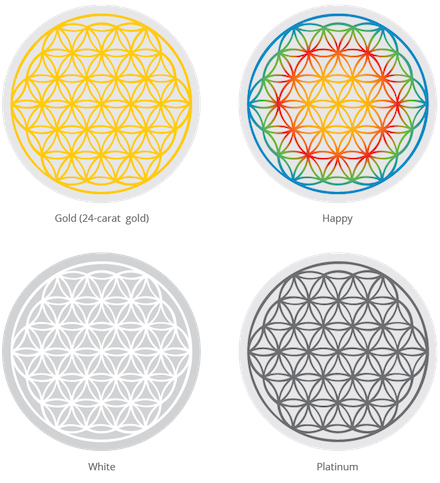 Golden, Happy, Platinum and White Flower of Life patterns on bases of Mythos Glasses and Carafes